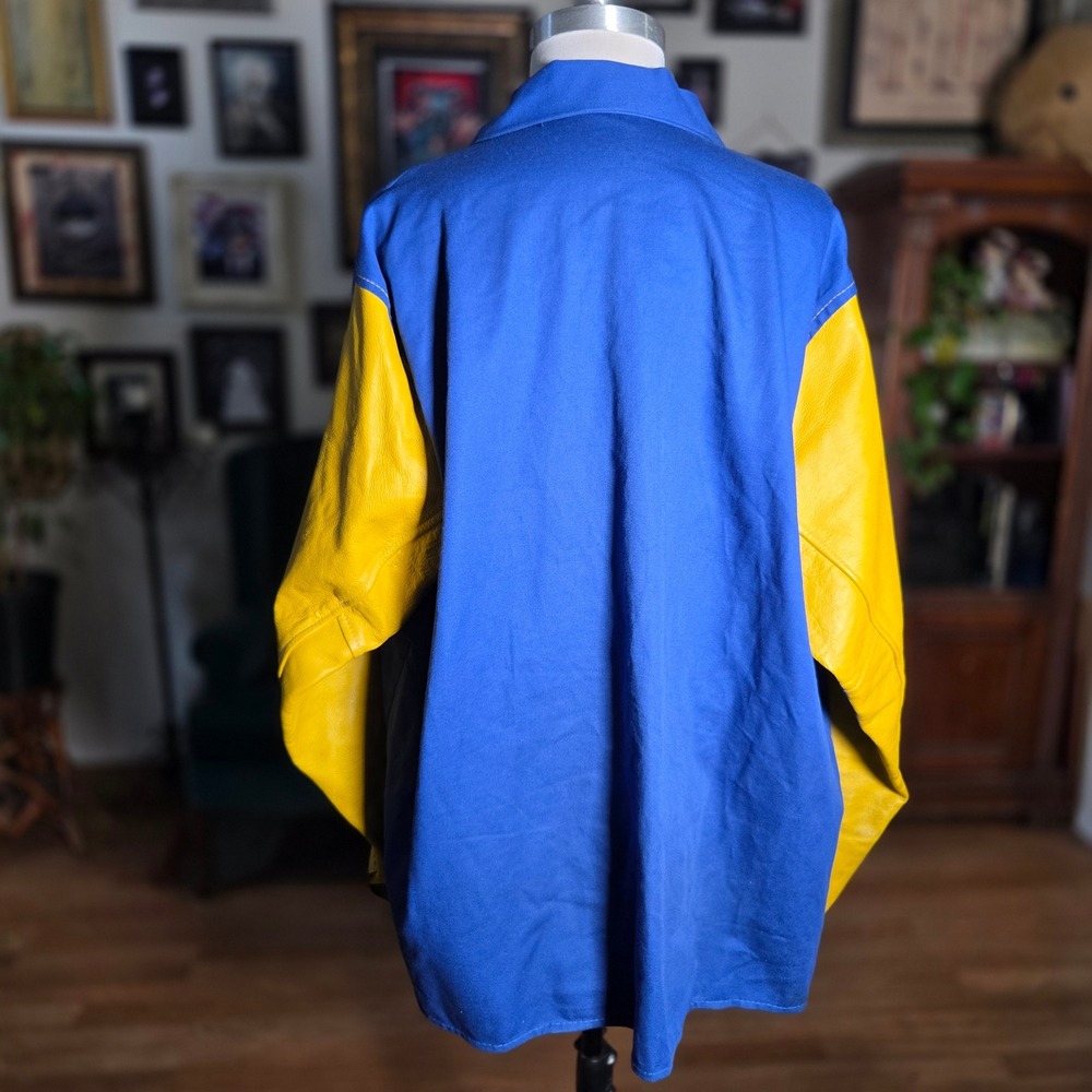 Vintage Y2K Tillman Jacket Blue Cotton Yellow Leather Sleeves Welding Shirt Mens - Picture 3 of 8